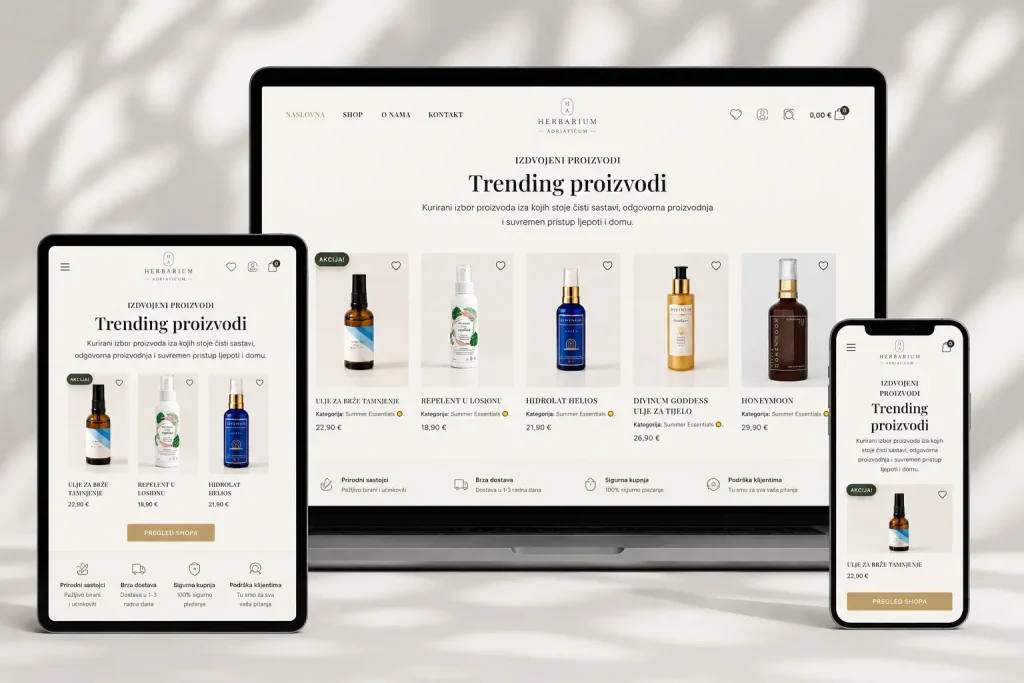 Izrada web shopa Herbarium Adriaticum prikazana na desktop računalu, tabletu i mobilnom uređaju.